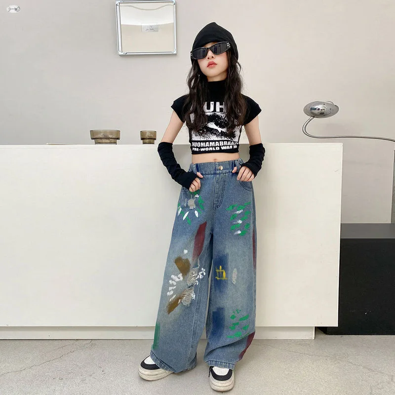 Girls' Ripped Jeans 2025 New Children Retro Wide-leg Pants Spring Autumn Kids Graffiti Print Straight Trousers Trend