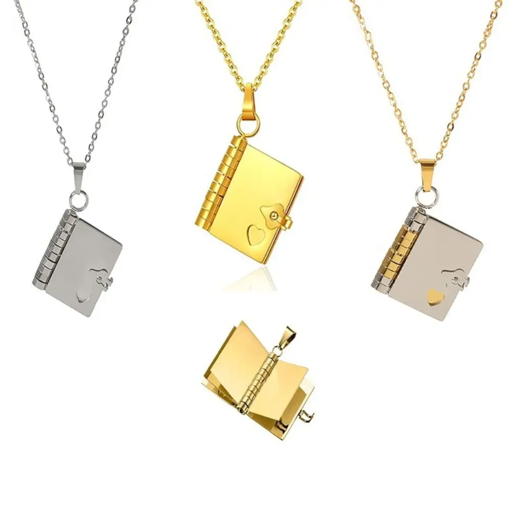 Titanium Steel Couple Book Necklace Heart Handmade Opening Book Pendant Aesthetic Waterproof Couple Text Locket Summer Beach