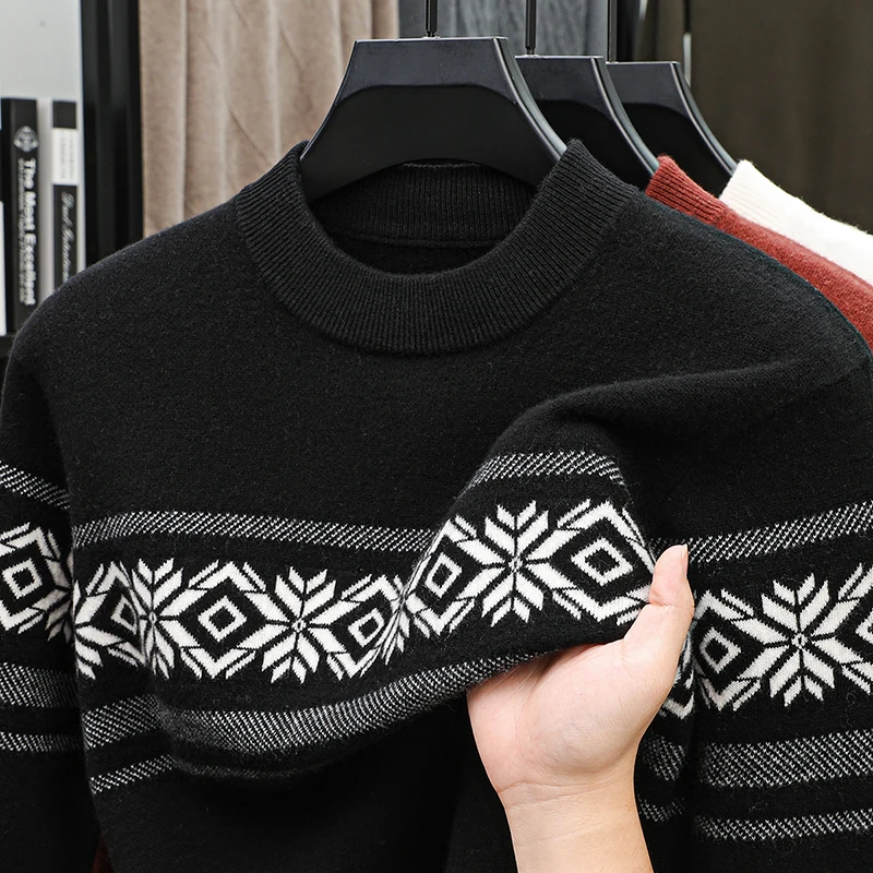Wool100% Men's Luxury Autumn Winter Sweater Round Neck Jacquard 12Stitches Keep Warm Long Sleeves Sweater Fashion Exquisite Top