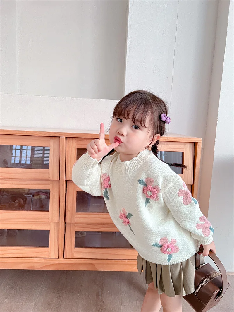 Autumn Winter Baby Girl Sweater Infant Toddler Girl Sweet Full Printed Pullovers Knitted Handmade Flower  Children Girls Sweater