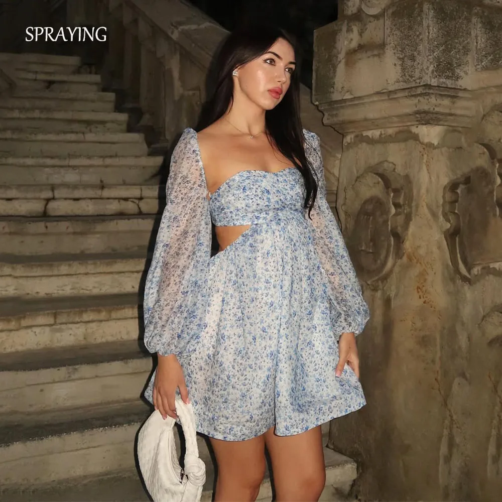 

SPRAYING Blue Flower Print Mini Prom Gown Sweetheart Long Sleeve Party Dress Sexy Short Formal Event Dress Customized 2025