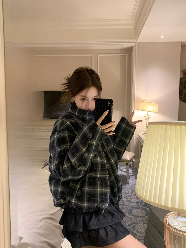 

Loose Plaid Woolen Du down Jaet Handmade BI Preparation 90 White Du Feather Casual Sle Women's Winter Coat