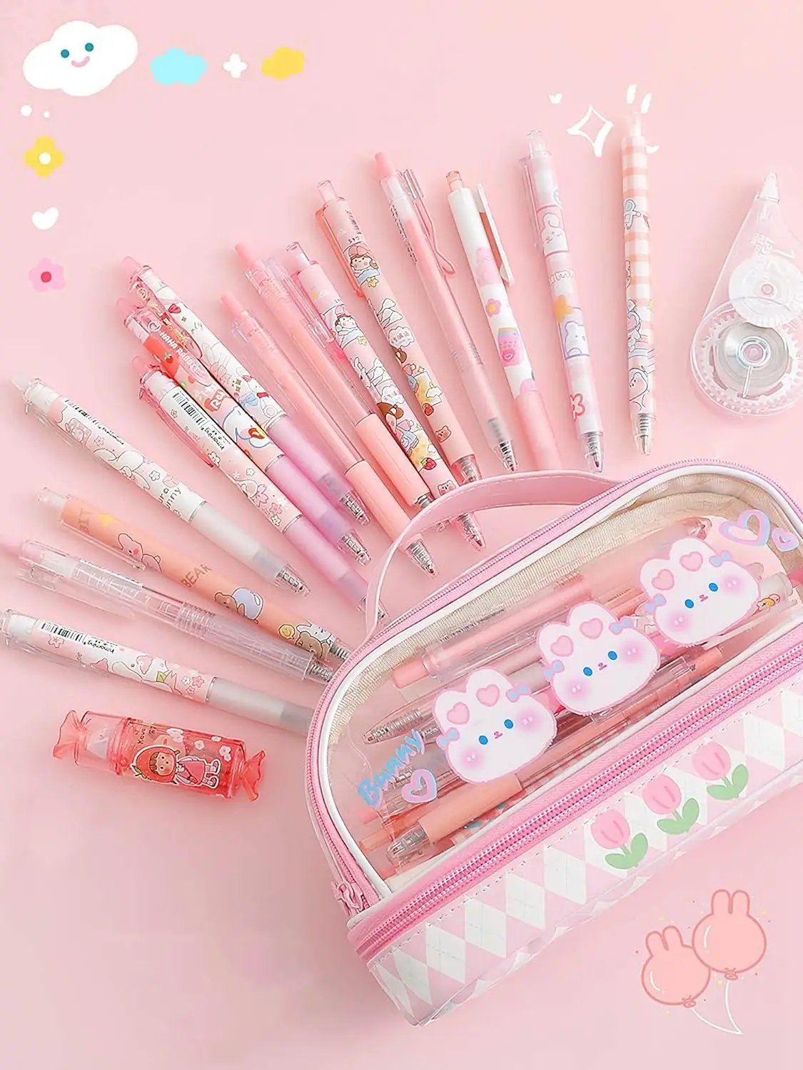 Kawaii Aesthetic Cute Pencil Case Bag Large Storage High Capacity Stationery with 2 Compartments Pouch Box Holder Organizer