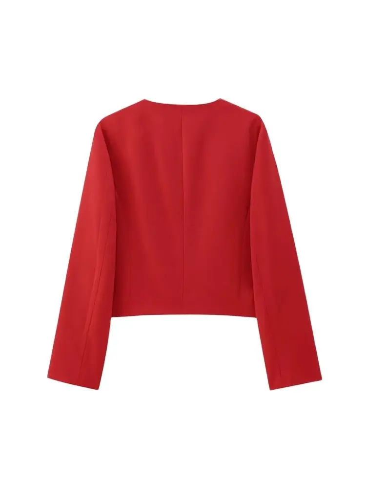 Cropped Jacket with Golden Buttons for Women, O Neck, Long Sleeve, Female Outerwear, Chic Tops, Fashion
