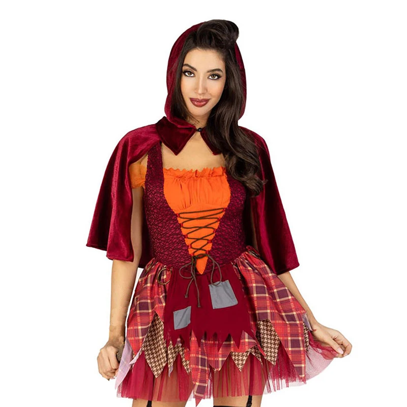 كرنفال الهالوين سيدة الرداء الأحمر زي القوطية الرجعية ماجيك الساحرة الزي تأثيري فستان حفلة تنكرية