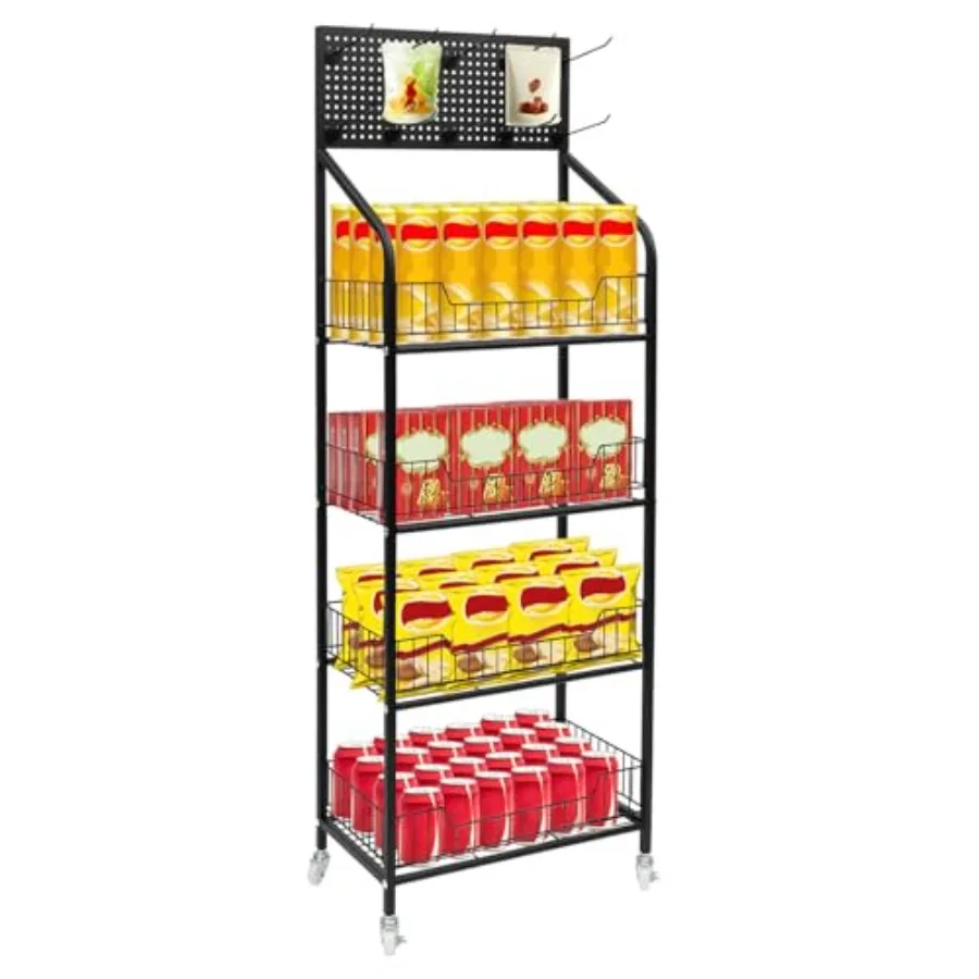 

4-уровневая стойка для розничной торговли с колесами — стойка для демонстрации конфет для закусок, игрушек для конфет — прочный органайзер с 10 крючками, легкая
