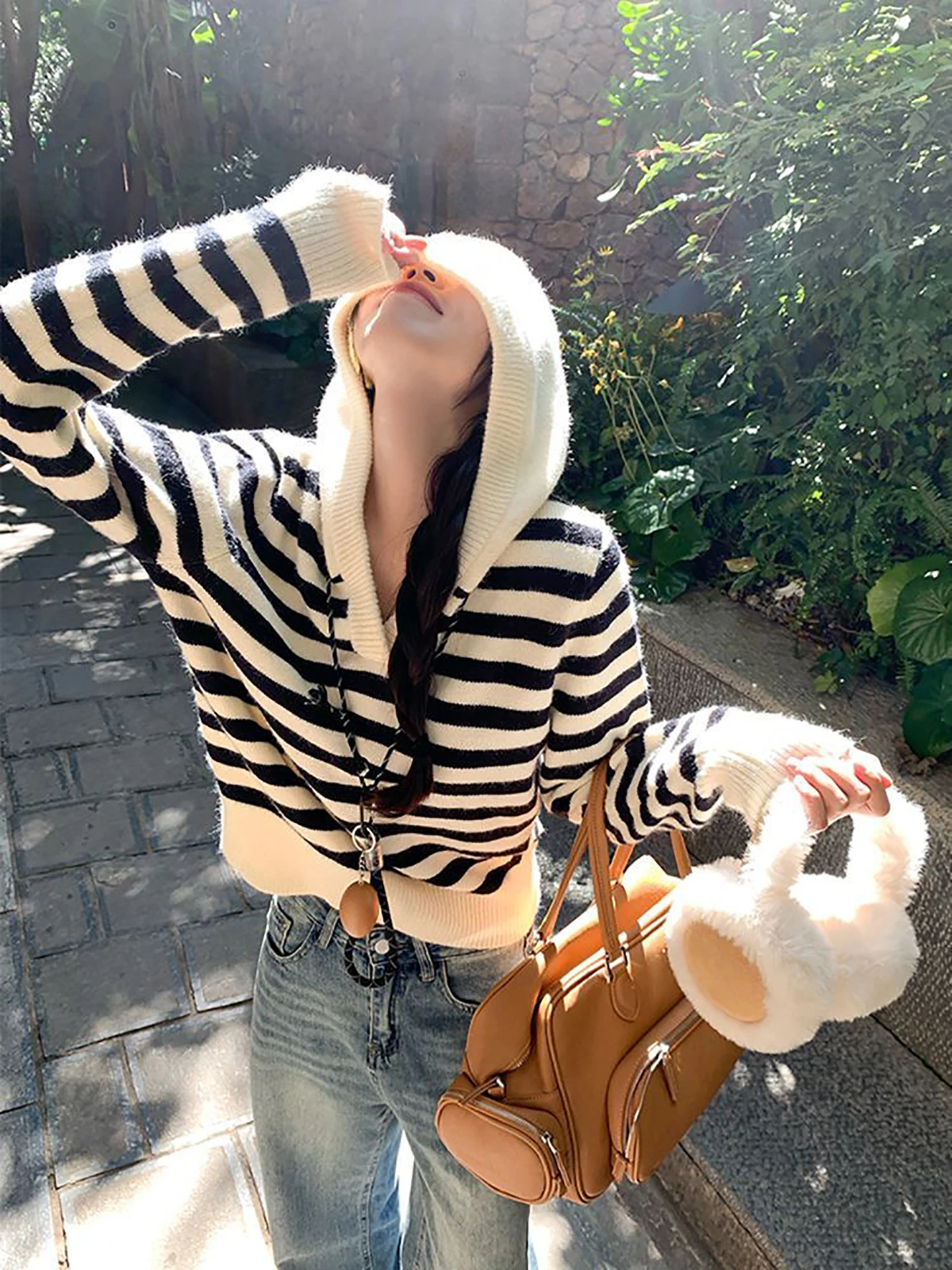 

Korean Sle Hooded Knitwear Women's Soft Stripe Color Blo High-End Commuter Sweater Autumn Winter New Arrival Street Sle...