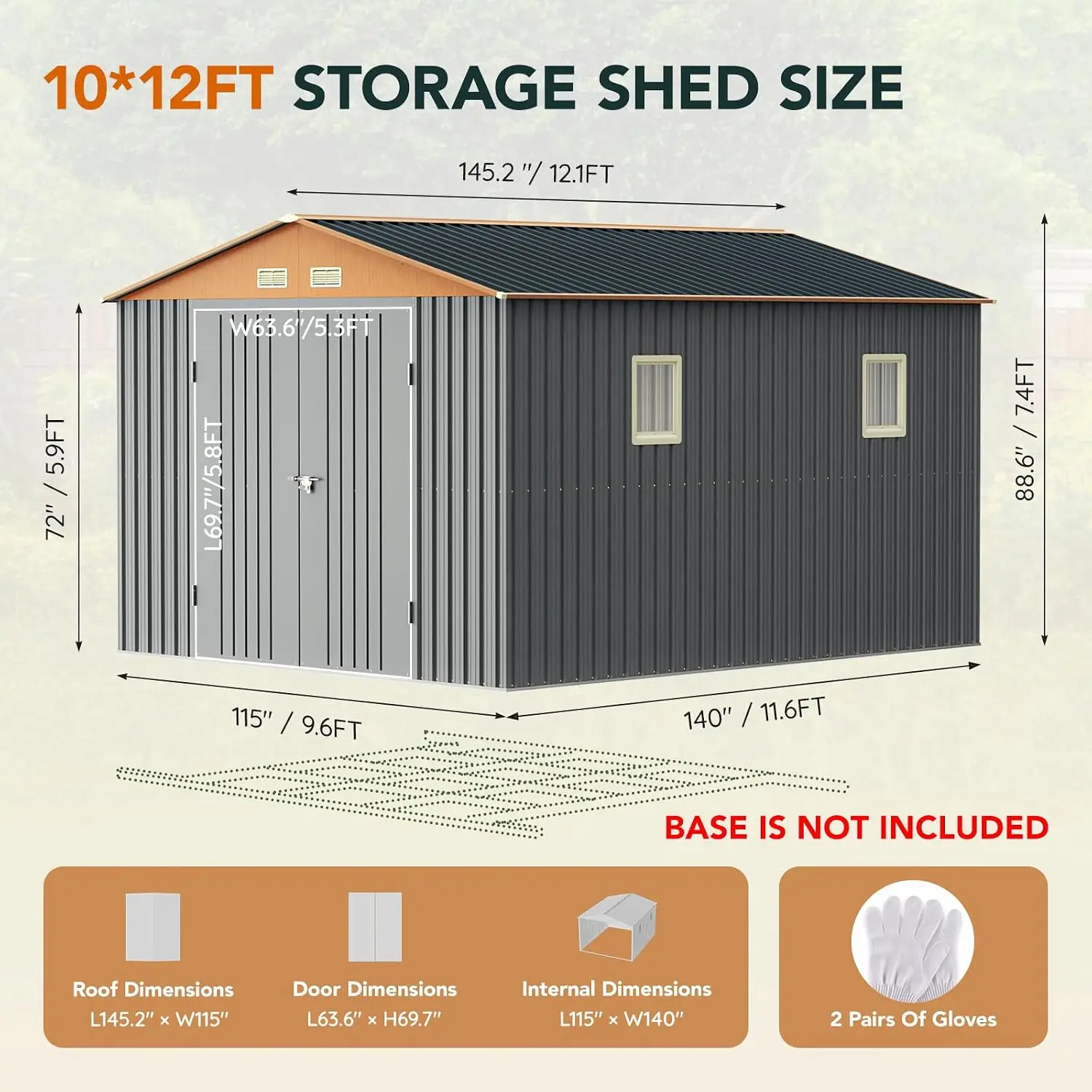 10x12x7.4FT Outdoor Storage Shed with Lockable Large Doors, Matte Gray, Custom - view 2