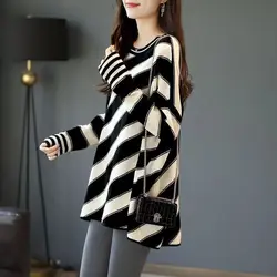 Female Clothing Striped Spliced Stylish Asymmetrical Midi Sweaters Autumn Winter Korean Round Neck Casual Loose Knitted Jumpers