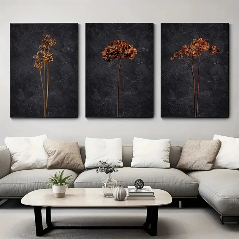 3 PCS Wall Art Set Poster Moody Dark Dried Wildflower Floral Botanical Posters Farmhouse Living Room Wall Corridor Decor