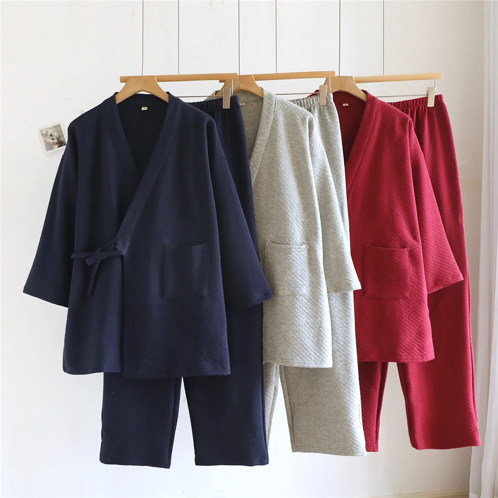 Japanese Style Spring Autumn Thin Men's Kimono Hanfu Cotton Bathrobe Pants Pajamas Home Steaming Suit
