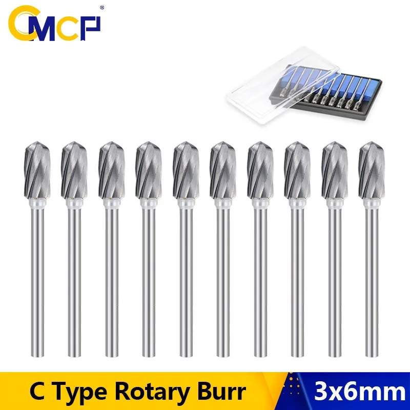 

CMCP 10pcs Carbide Rotary Burr 3mm Shank 6mm Diameter Single Cut C Type Rotary File Milling Bit