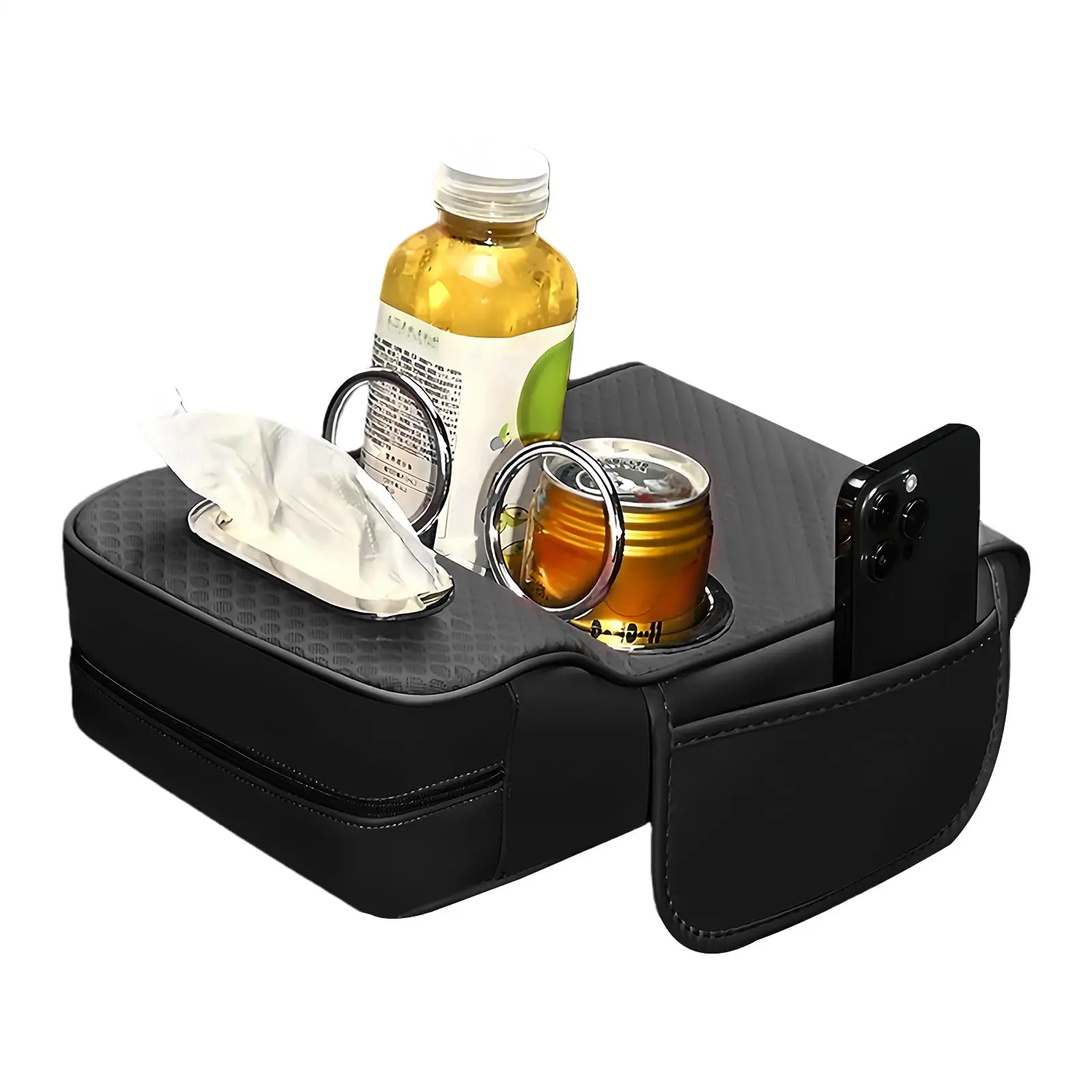 Multifunctional Car Armrest Cushion, Center Console Organizer with Tissue Holder & Cup Holders, Height-Adjustable Armrest Pad view 6