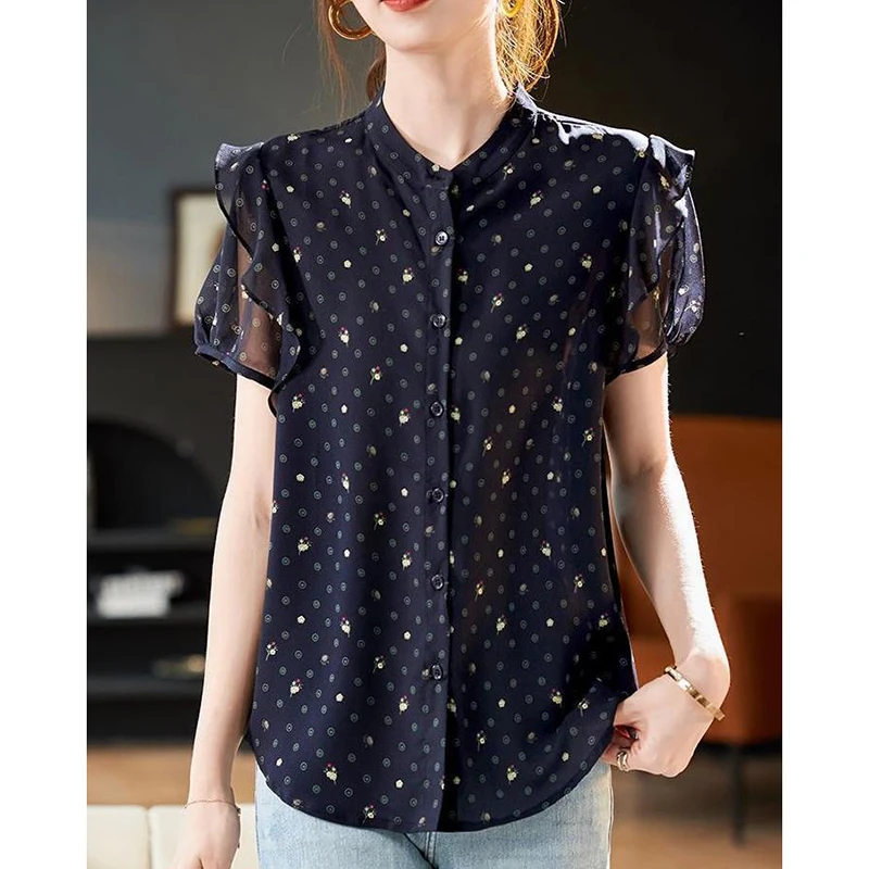 Fashion O-Neck Printed Ruffles Polka Dot Shirts Women Clothing 2025 Summer New Loose Short Sleeve All-match Tops Korean Blouses