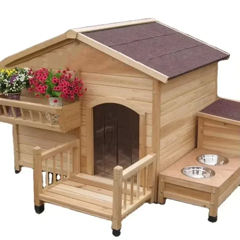 Dog House Wooden Outdoor with Porch Food Bowl Birds String Solid 2pcs Home Log Cabin Style Kennel Weather Resistant