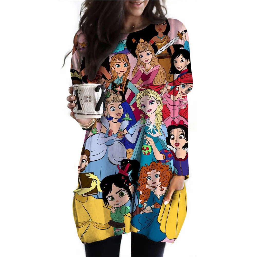 2024 New Women\'s Round Neck Long Sleeve T-shirt Disney Princess Printed Long Sleeve Pocket T-shirt Women\'s Casual Street Clothin
