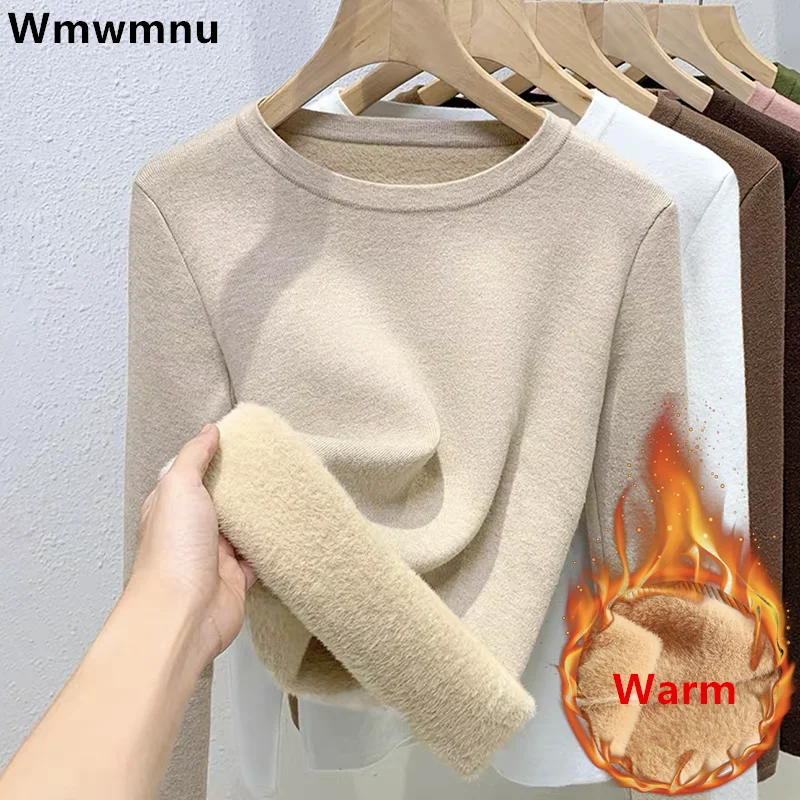 O-neck Knitted Tops Women\'s Plus Velvet Thicken Sweaters Winter Slim Warm Long Sleeve Casual Plush Fleece Lined Soft Pullover