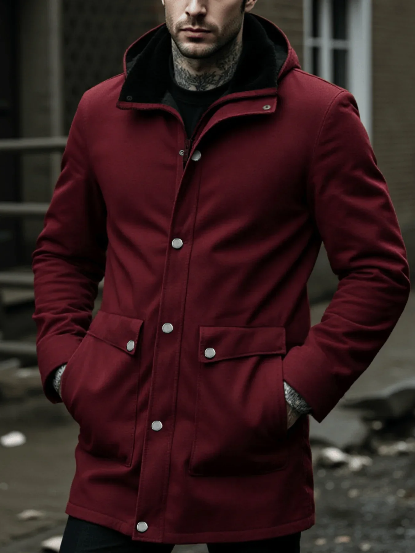 

Hooded Fleece Woolen Coat Jacket Thickened Wndbreaker Overcoat For Autumn/Winter Casual Windproof Warm Mid-Length Men's Wear