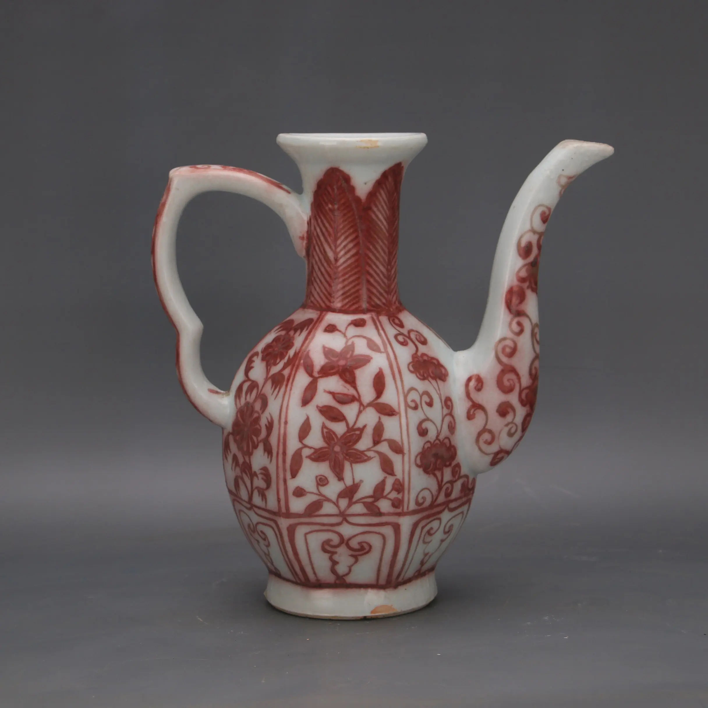 Yuan Dynasty Style Underglaze Red Lotus Scroll Diamond Shape Ewer Pot Chinese Antique Replica Collection