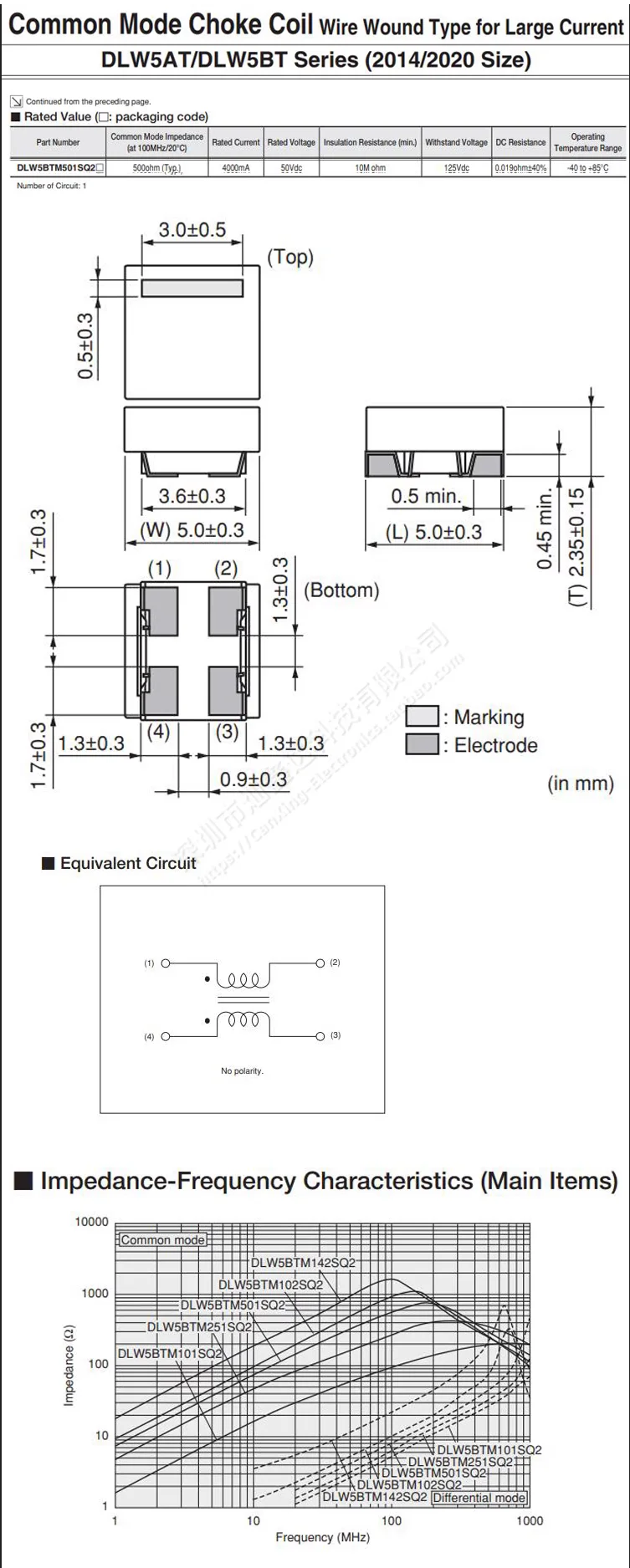 2pcs SMD Common Mode Choke Coil 500 ohm 500Ω 4A High Large Current Signal Line Filter Inductor DCW5BTM501