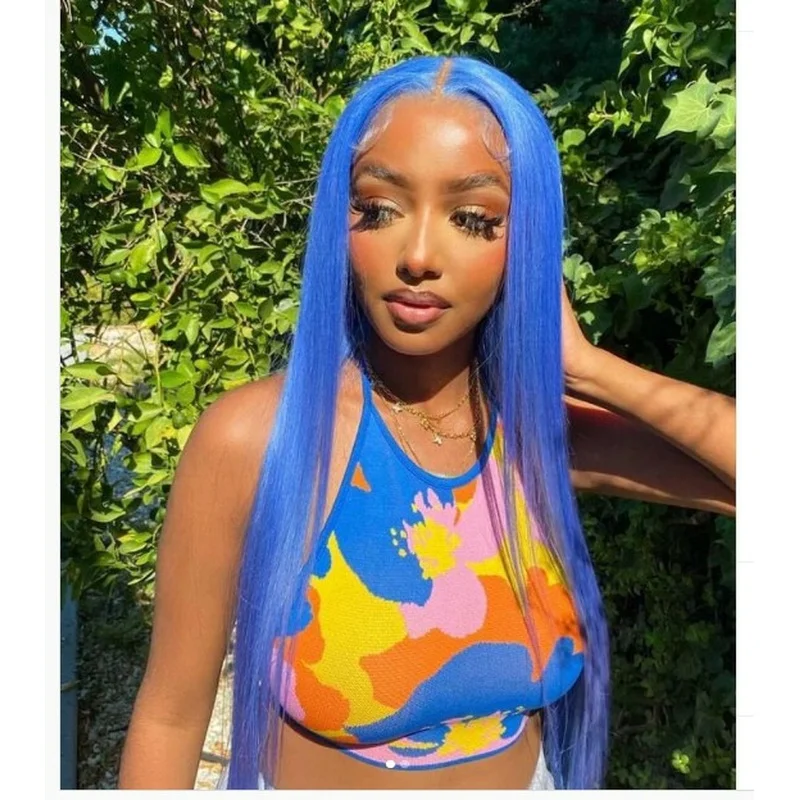 Long Straight Lace Front Wig Synthetic Hair Wig Heat Safe Blue Glueless Long Wig