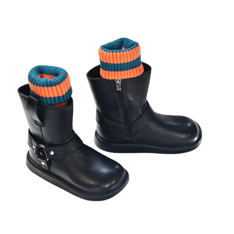 Spring Autumn Really Leather Children's Riding Boots Winter Cowhide Baby Girls Snow Boots Fashion Boys Mid-calf Boots