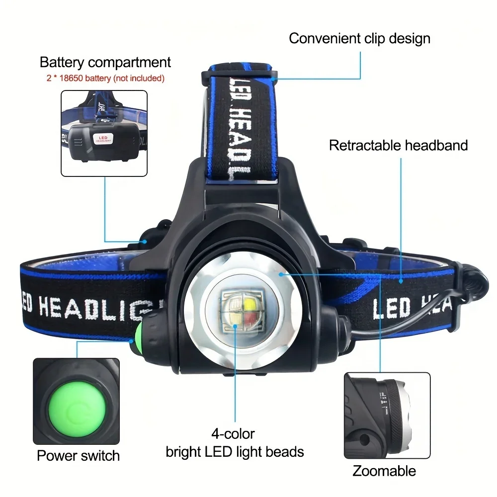 Powerful 4 In 1 LED Headlamp Red/Green/White/Blue Light Rechargeable Zoomable Headlight Head Flashlight with Adjustable Beam