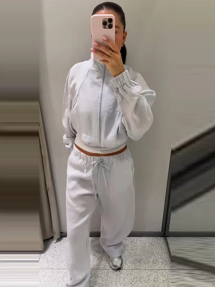 Damen-Hosenanzug 2-teilig mit Stehkragen, Laternenärmeln, Kurzmantel und Weiten Hosen, Modische Streetwear für Damen, Neu – Detail 19