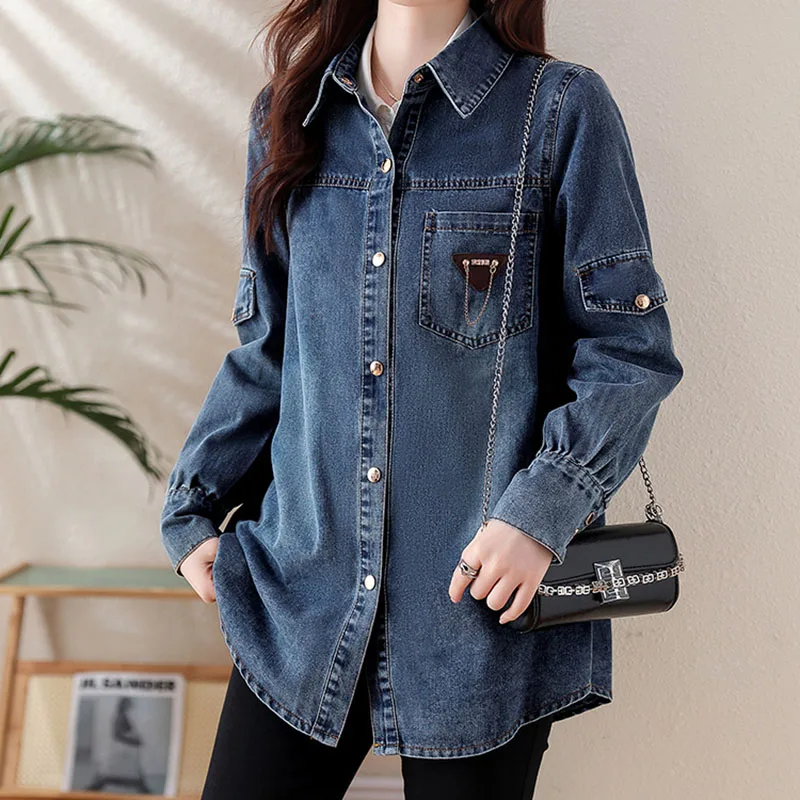 

New Denim Blouse Women Coat Vintage Loose Single Breasted Lapel Jean Shirt Female Spring 2024Washed Outwear Elegant Cowboy Tops