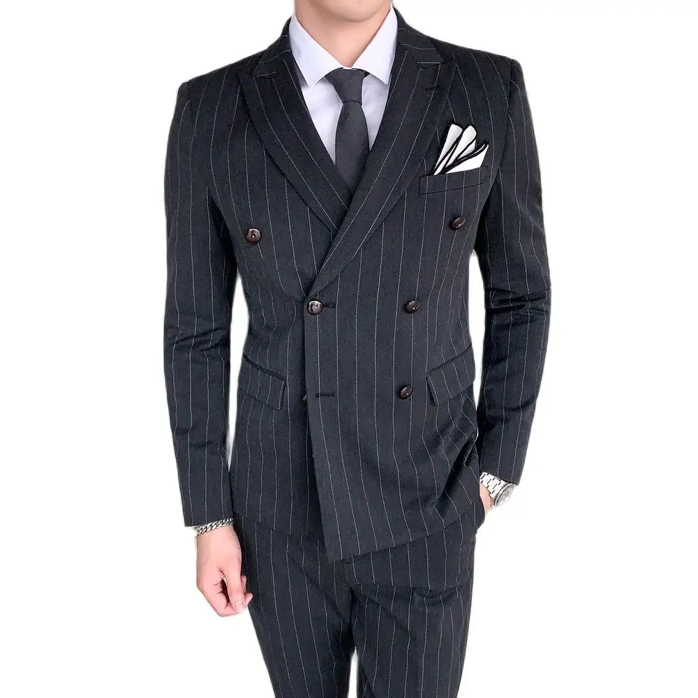 Stripe Men Suit Coat Set Male Double Breasted Slim Fit Business  Formal Wedding Grooms 3 Pieces Set Blazers Jacket Pants Vest