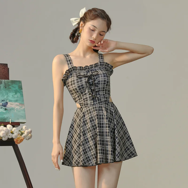 Stylish Retro Plaid Print Women's One-Piece Swimsuit Slip Dress Ruffle Edge Design Lolita Spice Casual Elegant Swimwear