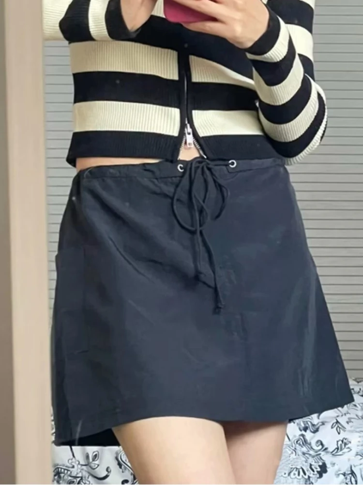 Casual Women Black Drawstring Mini Cargo Skirts 2023 Summer Vintage High Waist Solid Color Female Chic Bottoms