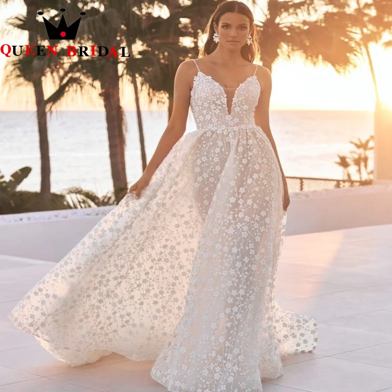 Affascinante spalline per Spaghetti abito da sposa Illusion Appliques pizzo Backless lunghezza del pavimento abiti da sposa Vestido De Noiva Custom S98Y