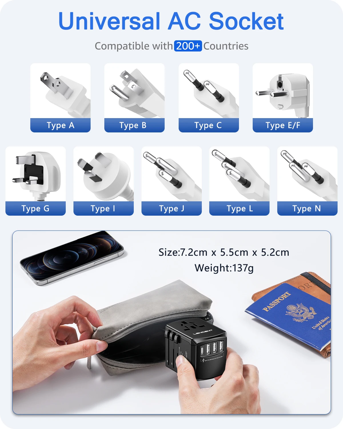 LENCENT Universal Travel Adapter All-in-one Travel Charger with 3 USB Ports and 1 Type C Wall Charger for US EU UK AUS Travel