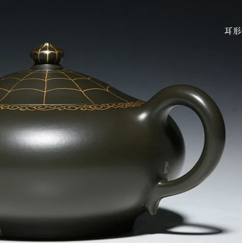 Yixing Purple Clay Teapot Set Tea Maker Handcrafted By Famous Artisans Decorated With Real Gold Made Natural Ore Dark Gree