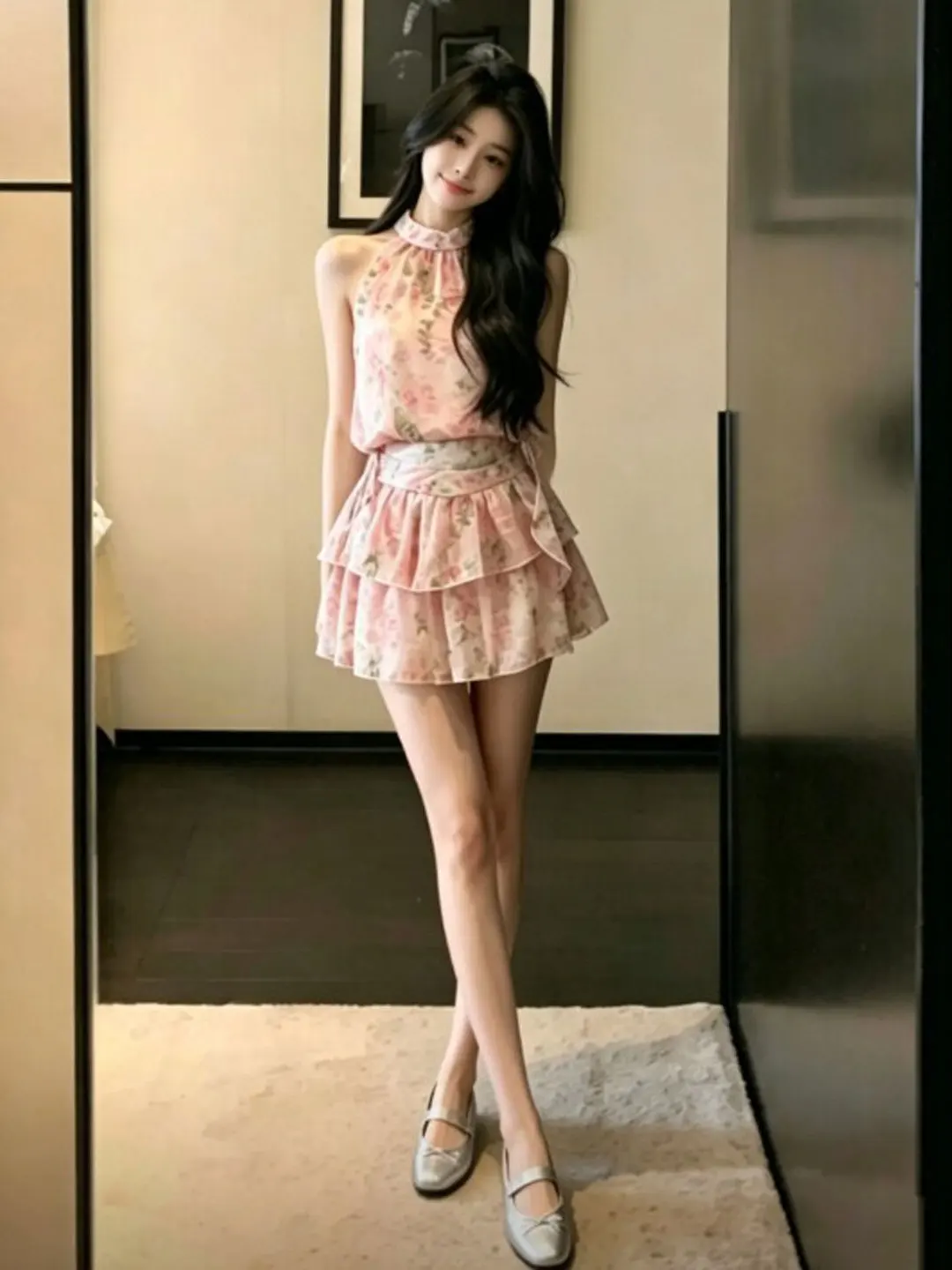 

Gentle Breeze Unique Beautiful Floral Halter Neck Top And Skirt Two Piece Set Youthful Summer Outfit Comfortable Cotton Material