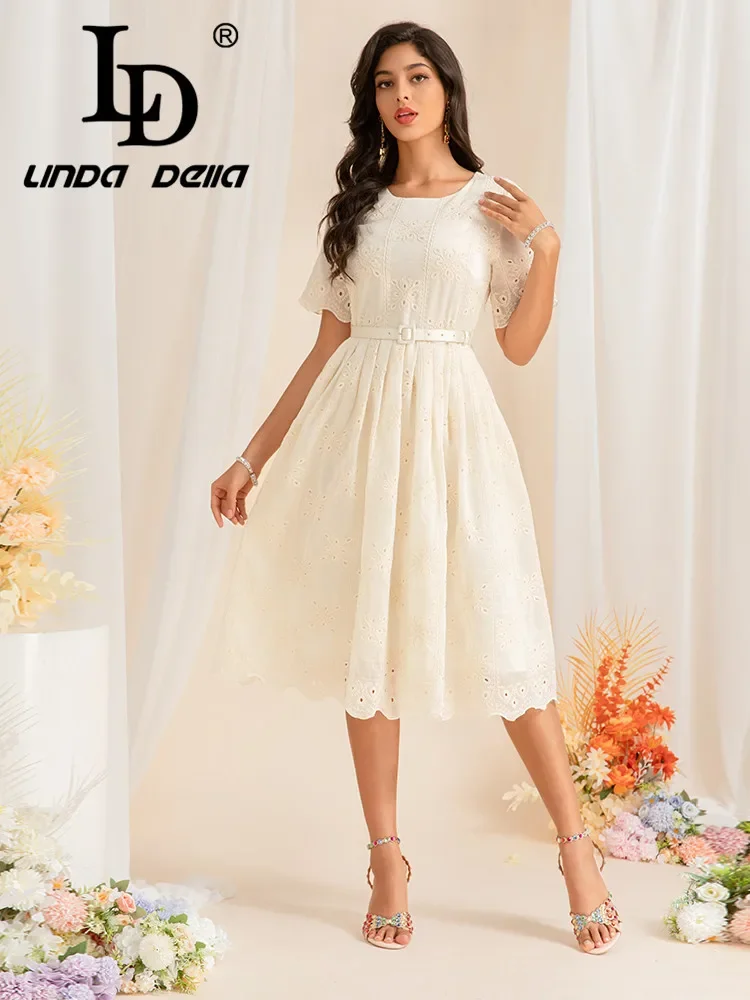 

LD LINDA DELLA Europe Station 2024 Summer New Women's Round Neck Short Sleeve Heavy Cotton Embroidery Waist In Long Style Dress