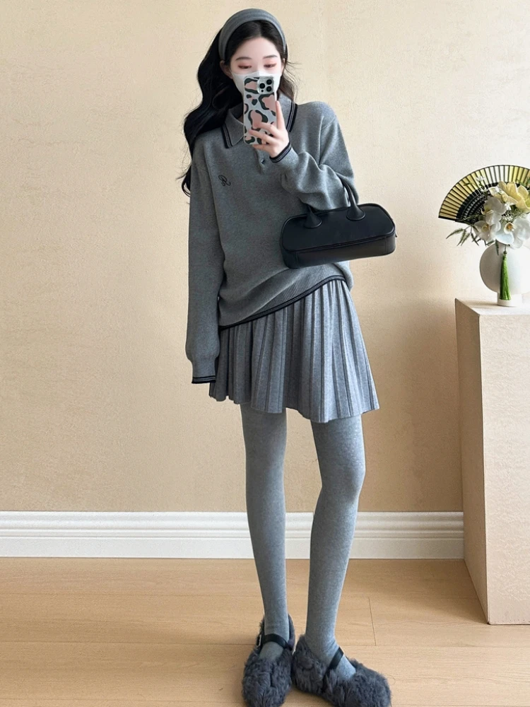 autumn-winter-knitted-maternity-set-with-stand-collar-embroidery-adjustable-pleated-short-skirt-women-two-piece-suit-korean-s