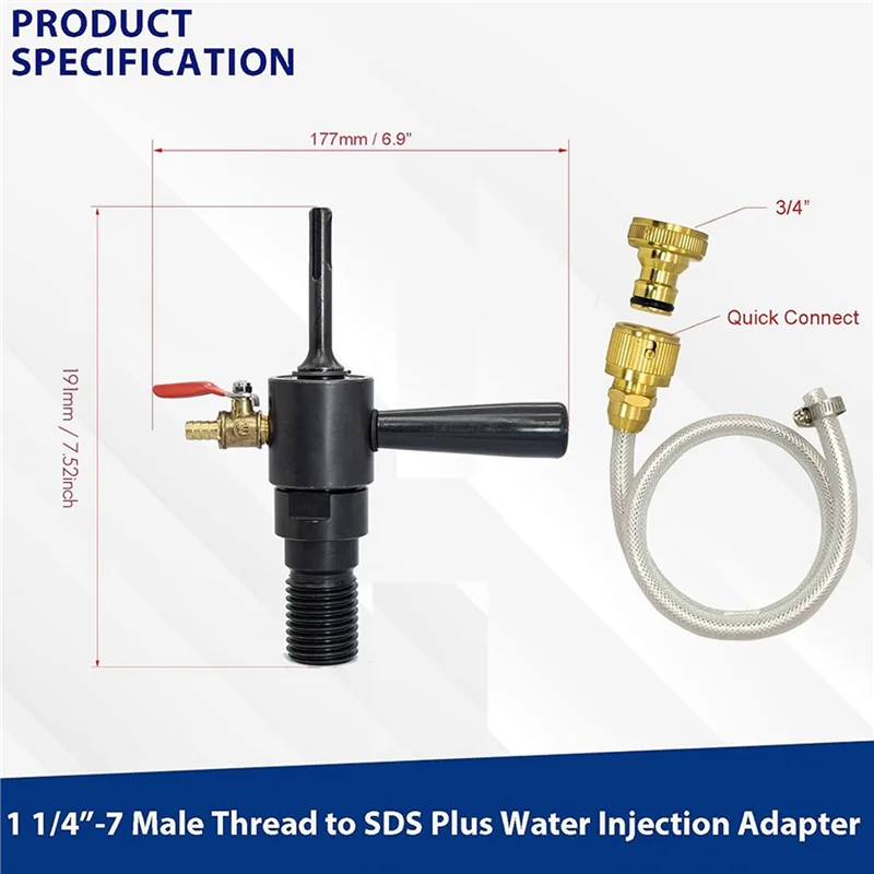 Hot Sale-1 1/4In-7 Male To SDS Plus Drill Adapter Kit- Water Injection Capable,Includes Solid Brass Hose Quick Connector And Hos