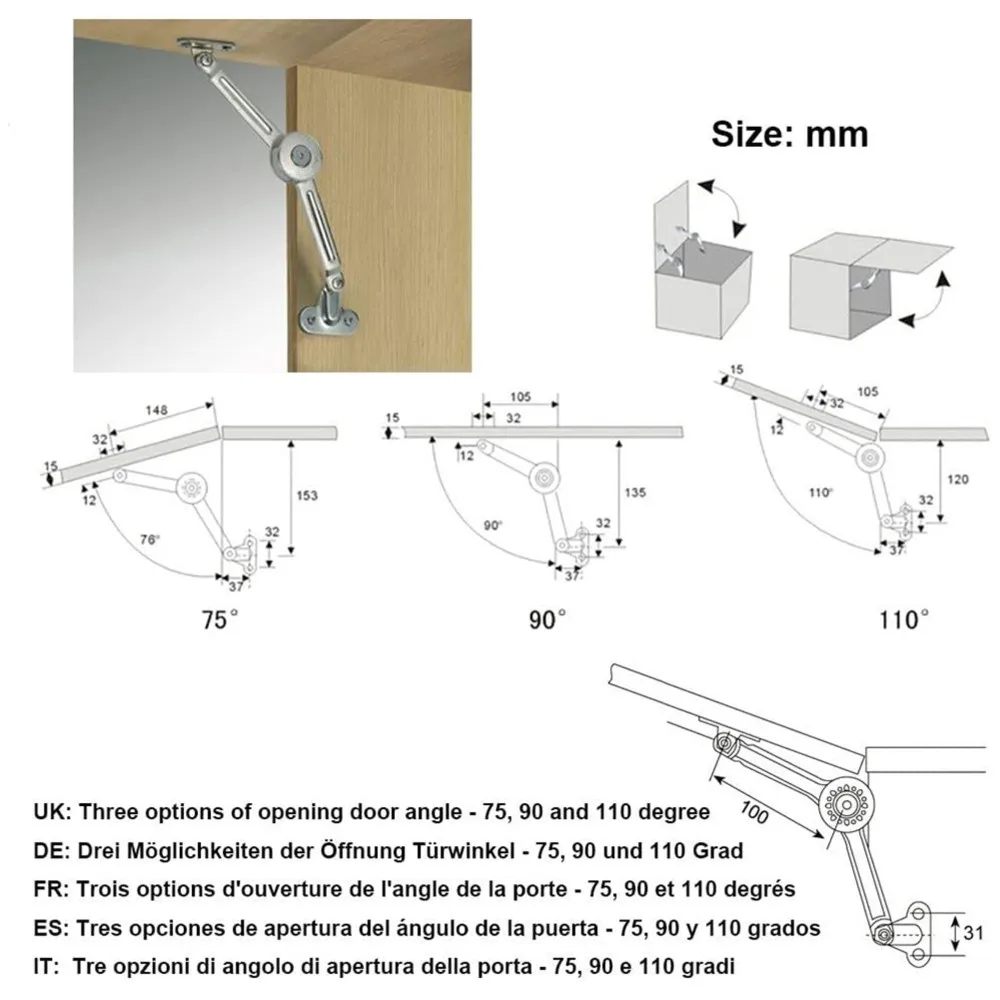 WCS-Cabinet Cupborad Furniture Door Lift Stay Support Hinge Damper - Support Up To 20KG - Opening Angle 75°/90°/110°