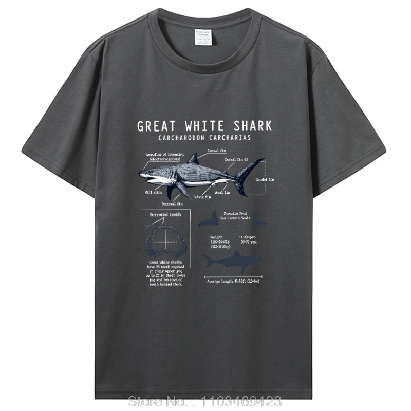 Great White Shark Anatomy Graphic Tee Marine Biologist Nautical Scientific Illustration Shark Lover Fishermen Casual T-Shirt