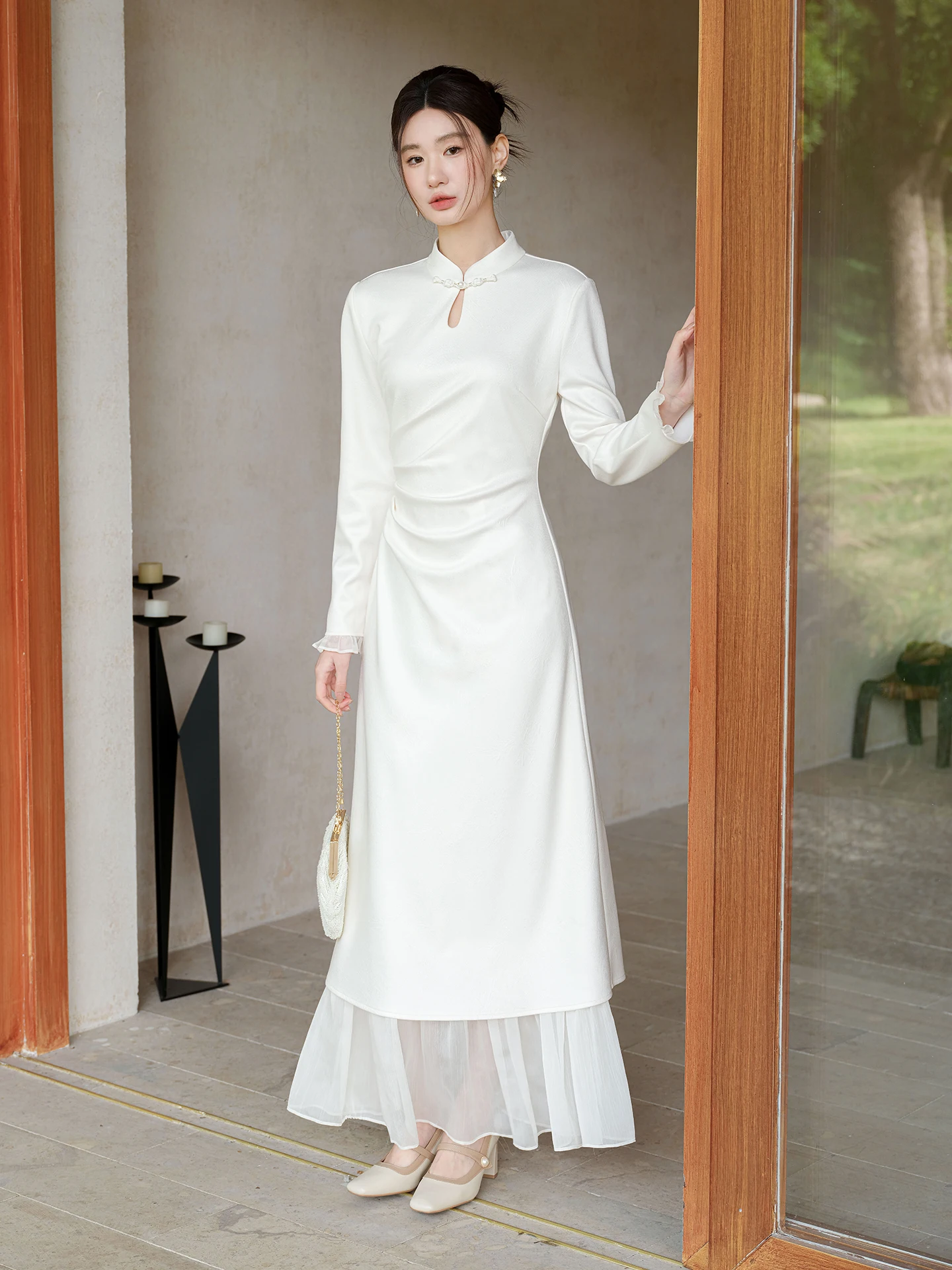 

Новое китайское вязаное платье-ципао для женщин с длинными рукавами, приталенное, из шелковой смеси, элегантное, для повседневной носки