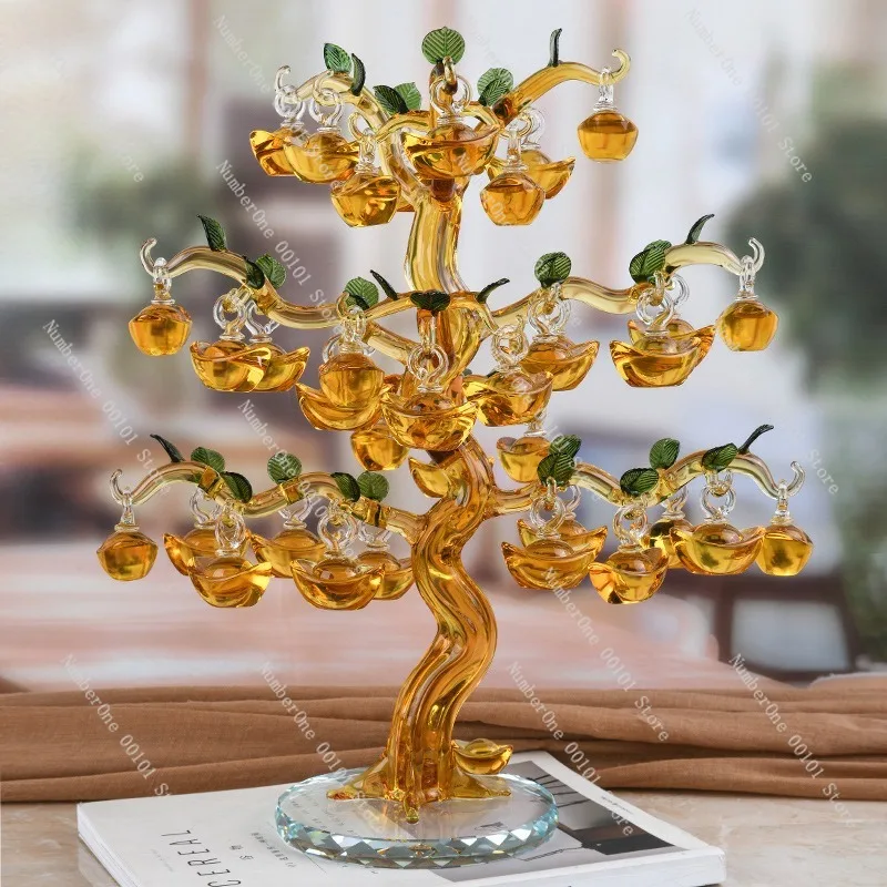 Yellow Crystal Glass Money Tree Decor, Mother's Day Housewarming Gift for Home Office Desk Wine Cabinet Display