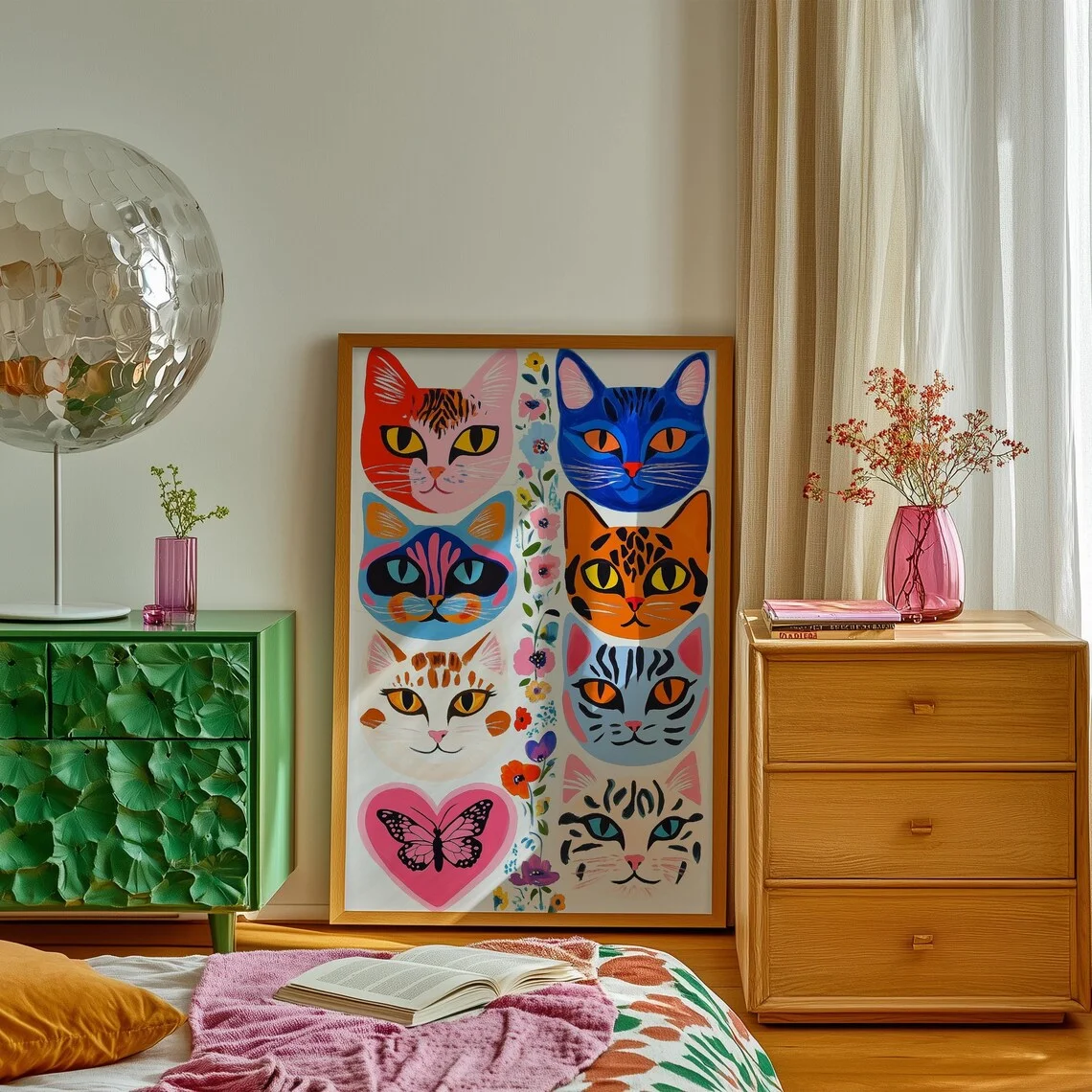 Vibrant Multicolored Feline Portraits WALL ART PRINT DECOR – Charming Cat Heads with Floral Accents & Butterfly Motif for Cozy B