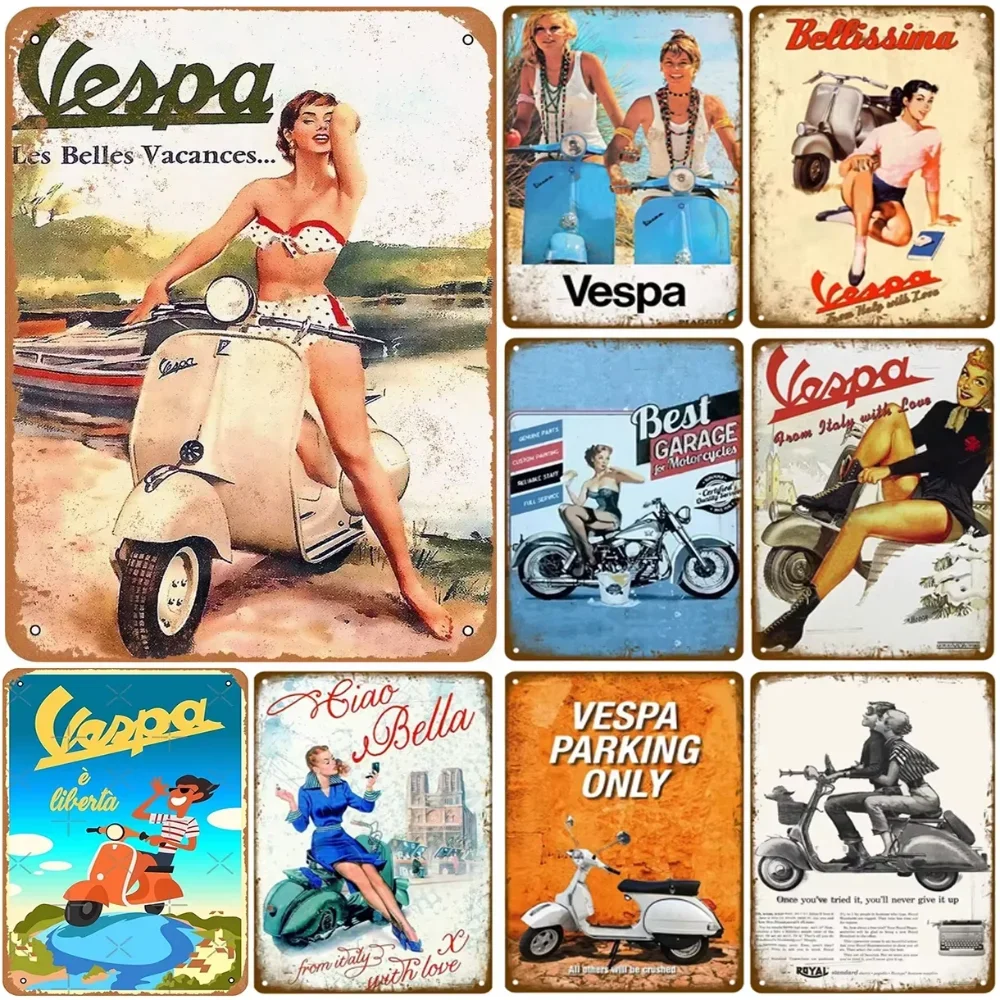 Plaque Metal Signs Vespa Motorcycle Wall Decoration Vintage Art Posters Iron Painting for Man Cave Home Cafe Garden Club Bar