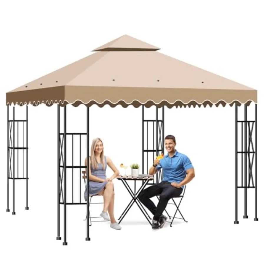 10'X10' Outdoor Gazebo Canopy Top Replacement with Double Tier Design and Air Vent Grill Roof for Garden Pavilion Yard Shop Sun