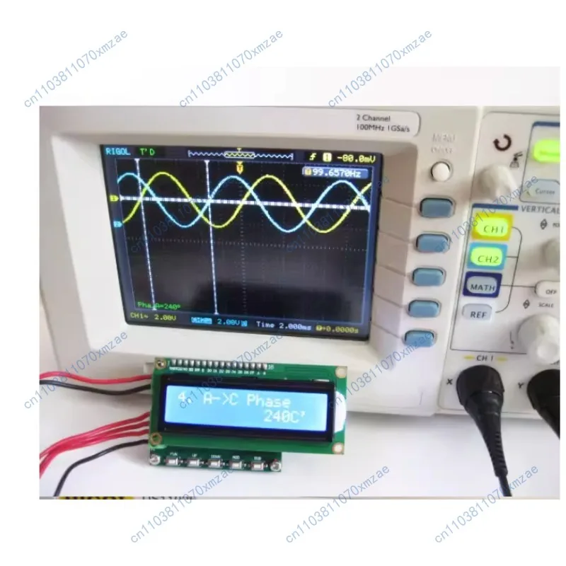 Three-phase sine wave generator, phase adjustable from 0 to 360 degrees, 0.1 to 2000 Hz