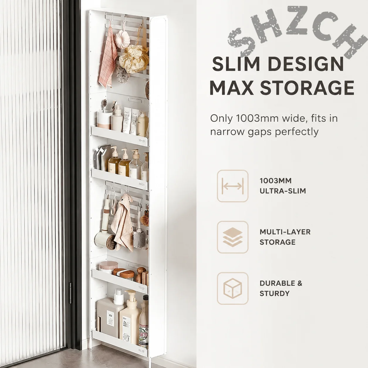 Narrow Bedroom Door Back Shelf Cabinet – Waterproof, Dustproof, with Adjustable Feet and Guard Rail