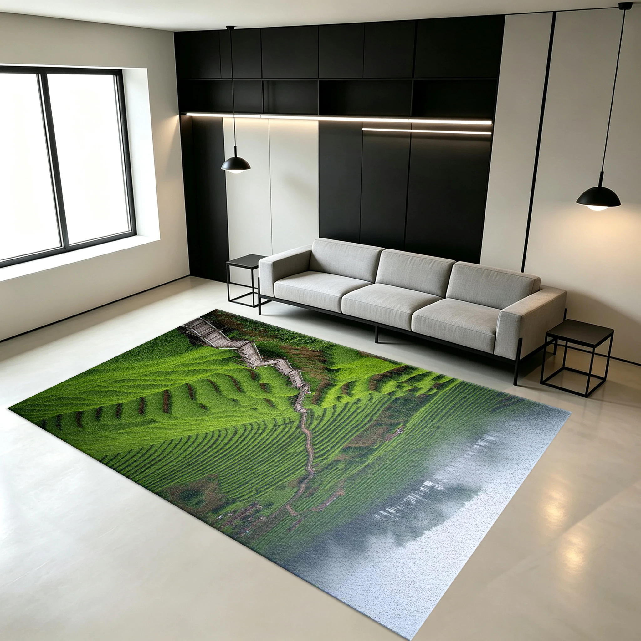 Green Tea Terraces Landscape Carpet Natural Scenery Home Carpet Decorative Floor Mat for Living Room Study Room Decoration