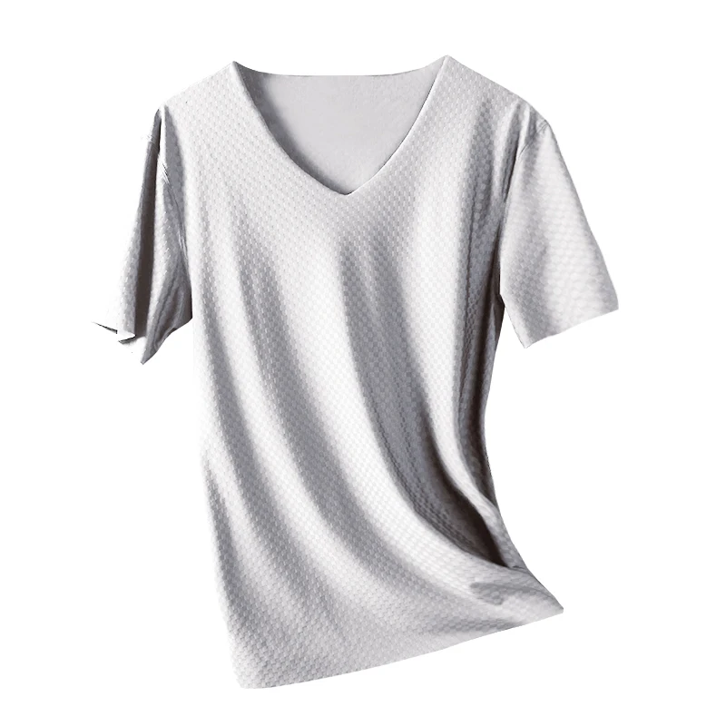 Men's Ice Silk Seamless V-Neck T-Shirt, Thin Elastic Slim Fit Mesh Quick Dry Sports Short Sleeve Tee for Summer